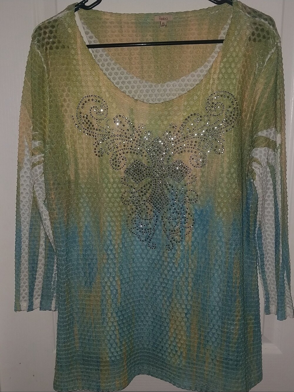 Reba Green and Blue Ombre Silver Cross Long Sleeve Top